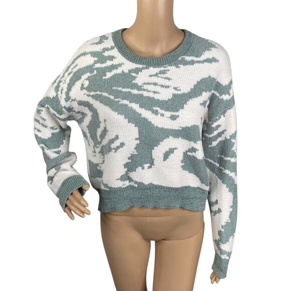 William Rast Green White Abstract Soft Knit Cropped Pullover Sweater SZ S - Picture 1 of 8